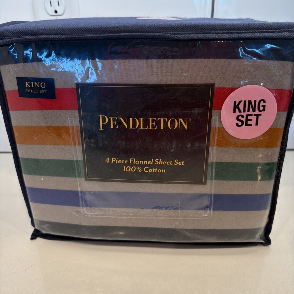 Pendleton Yellowstone King 4 Piece Flannel Sheet Set Multi Stripe Gray Blue NEW